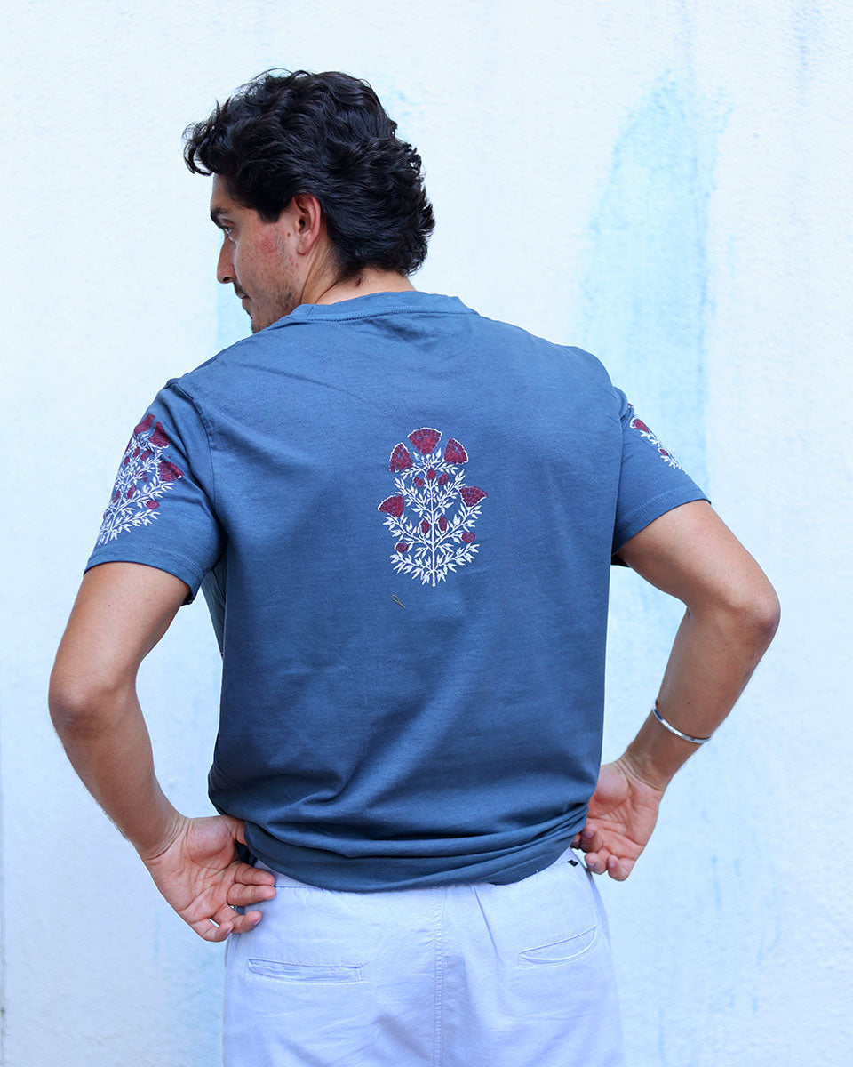 Sagar Blue Hand Block Print Cotton T- Shirt - TOF