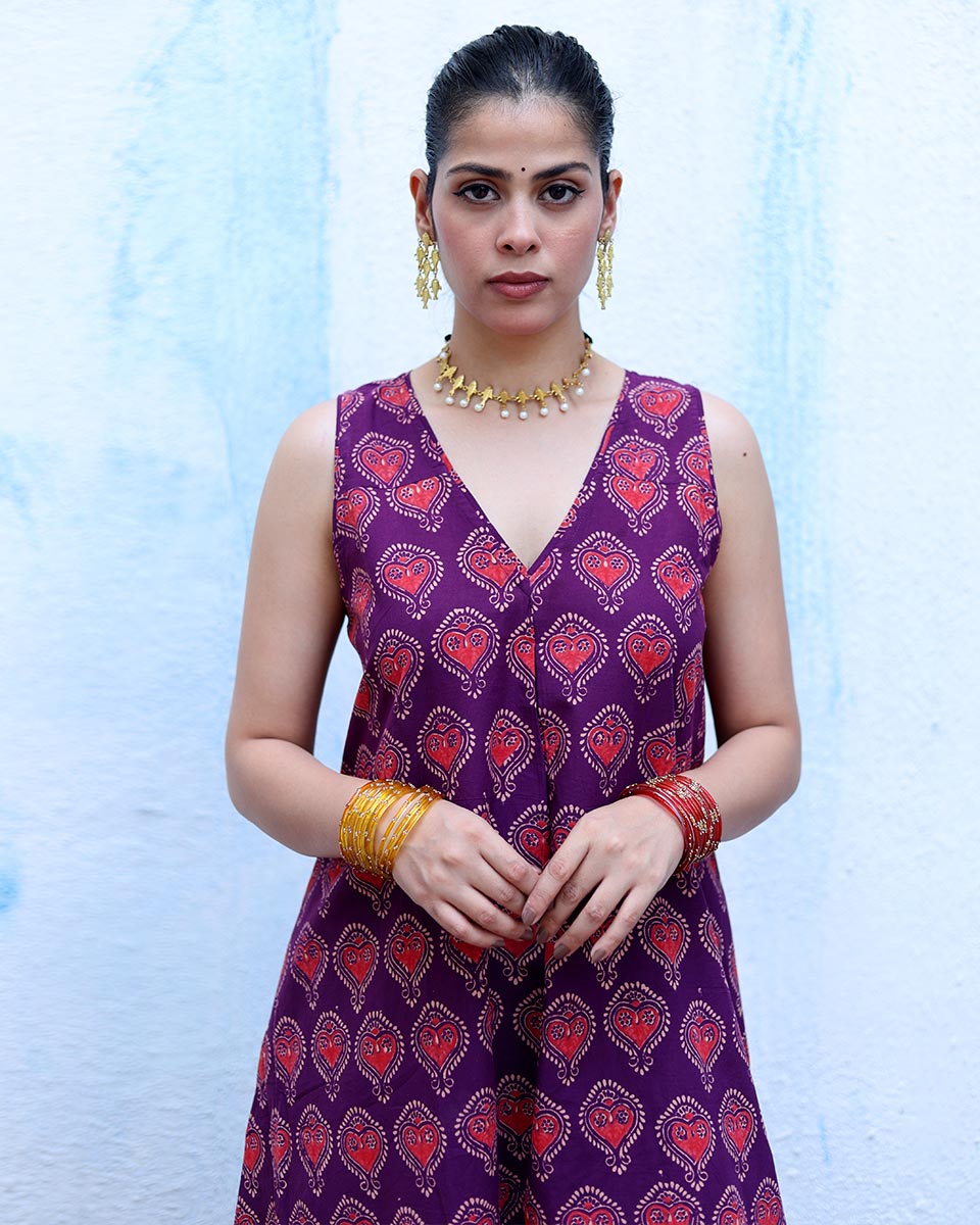 Jugnu Purple Handblock Print Cotton Dress - RSH