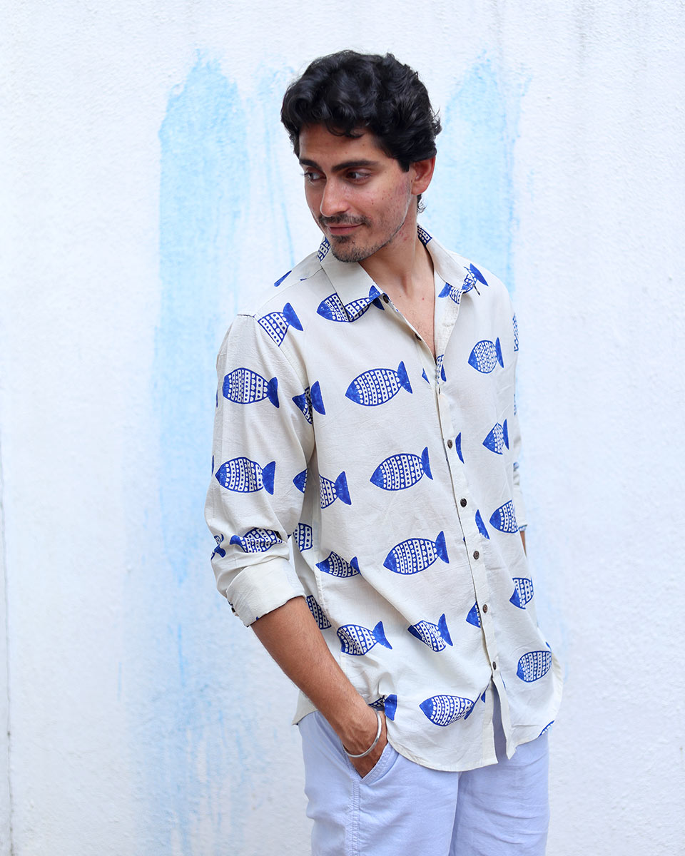 Aabru White Hand Block Print Cotton Shirt - TOF