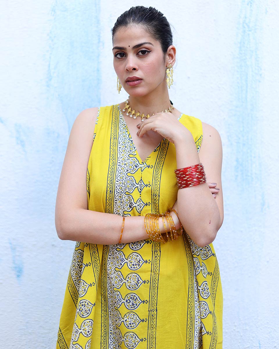 Roushan Yellow Handblock Print Cotton Dress - RSH