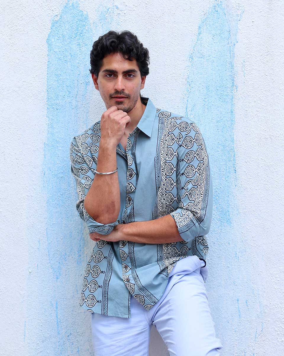 Mehrun Blue With Grey Hand Block Print Cotton Shirt - TOF