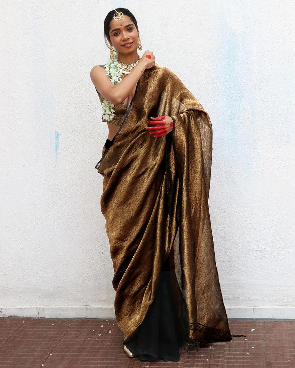 Mrinal Brown Handwoven Linen Zari Saree