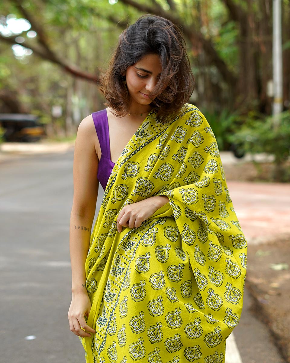 Kaccha Aam Toffee Yellow Handblock Print Cotton Saree - PBC