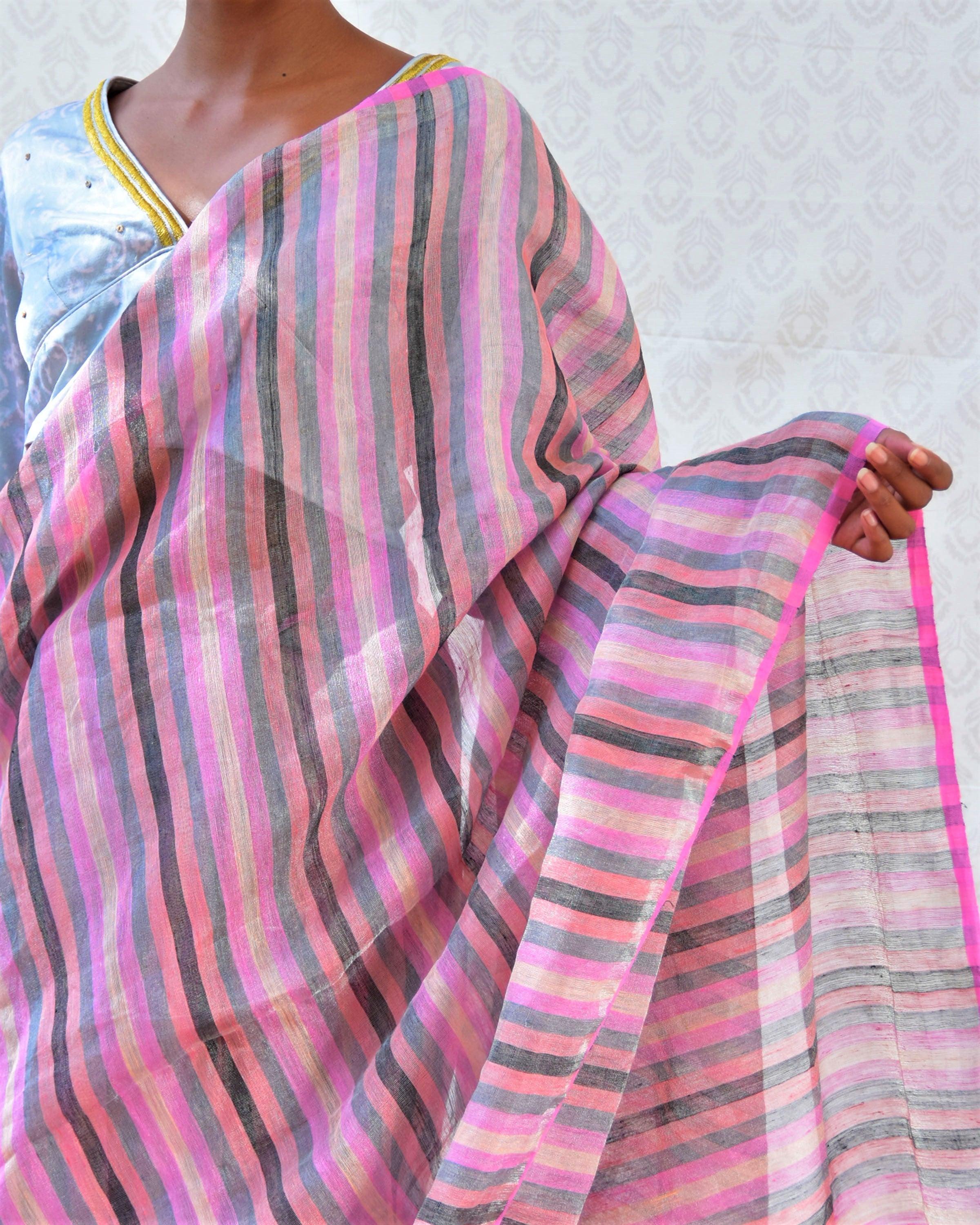 Evening Rose Handwoven Linen Zari Saree - Bgvl