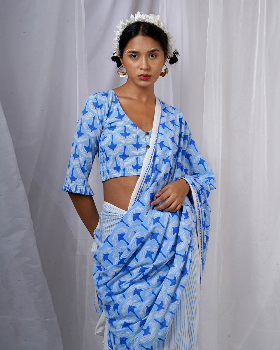 Maya Blue Hand Block Printed Saree-BAD