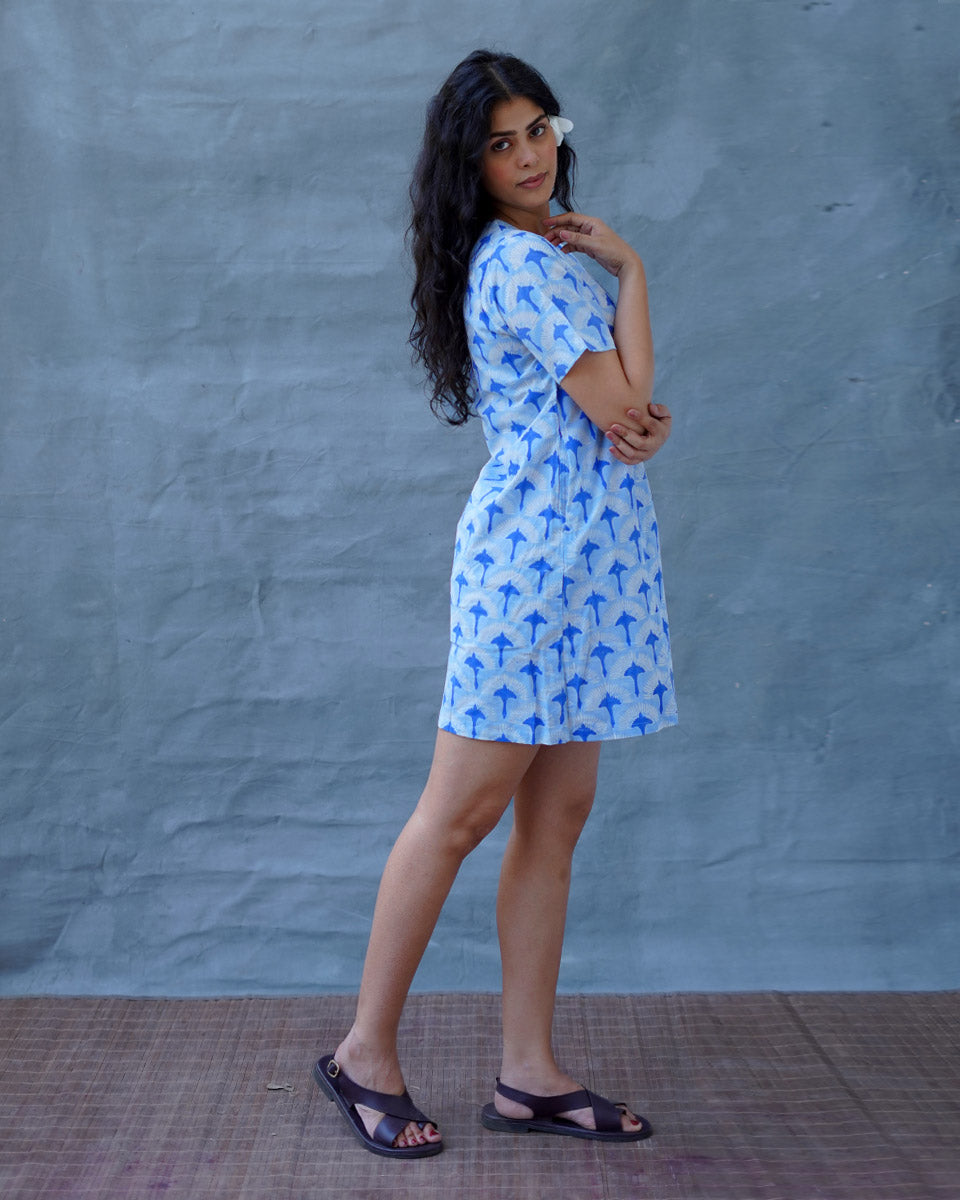 Ira Blue Hand Block Printed Dress-BAD