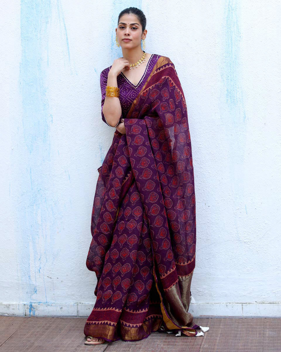 Sitara Purple Handblock Print Linen Saree - RSH
