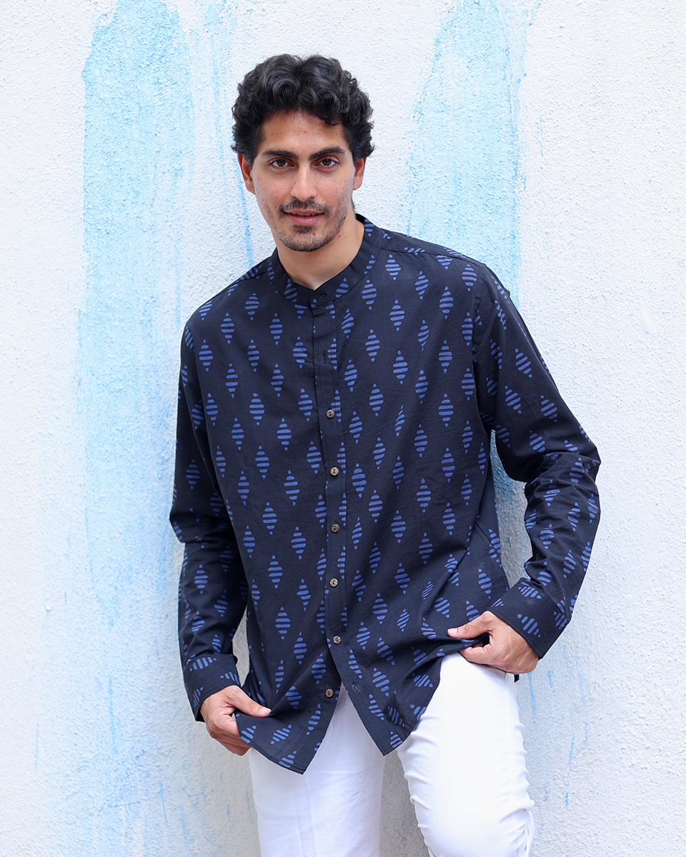 Khwab Blue  Hand Block Print Cotton Shirt - TOF
