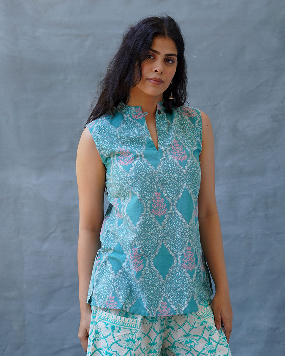 Frangipaniâ€™s Freshness Teal Green Block Printed Top - MMG