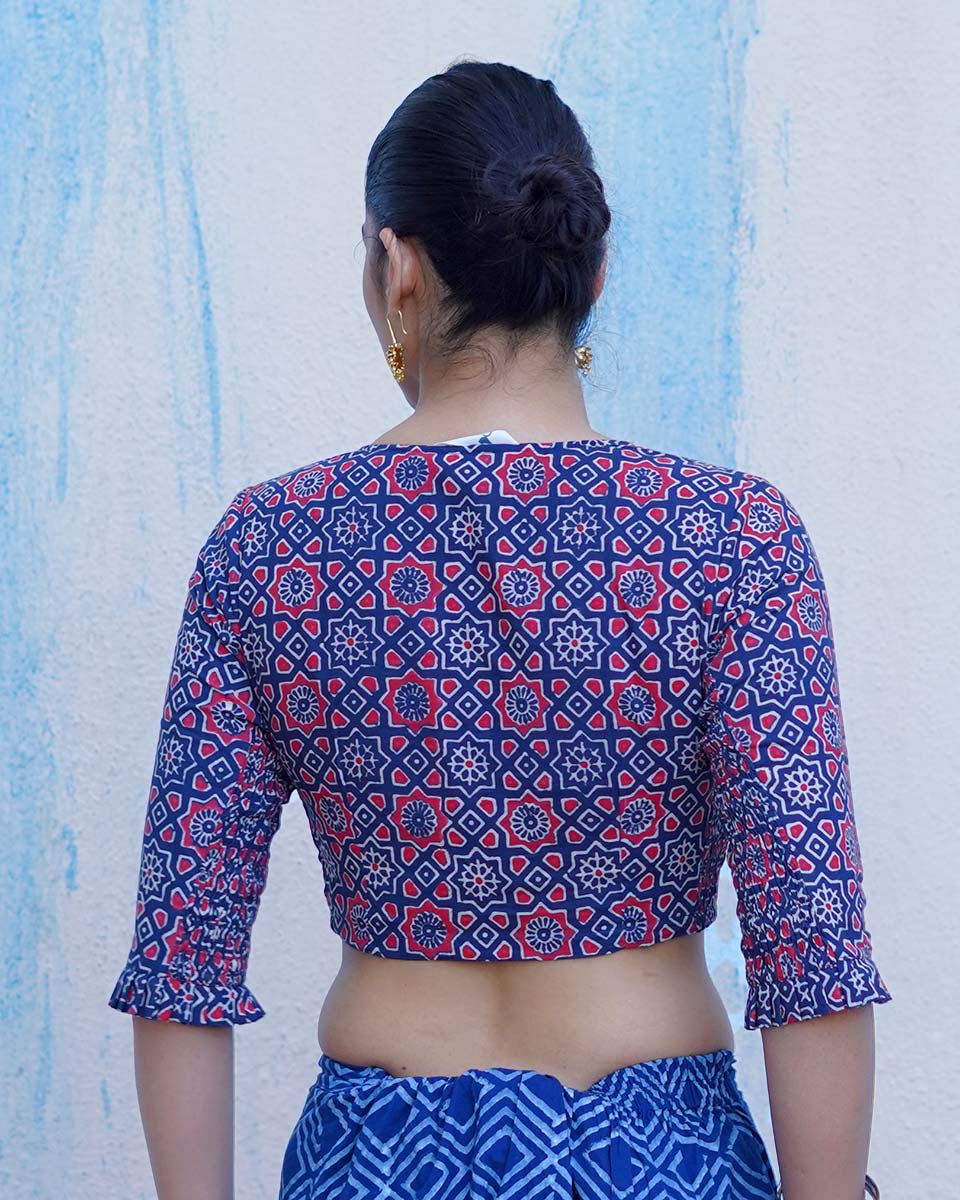 Carefree Hours Indigo Blue Hand Block Printed Cotton Blouse - UMT