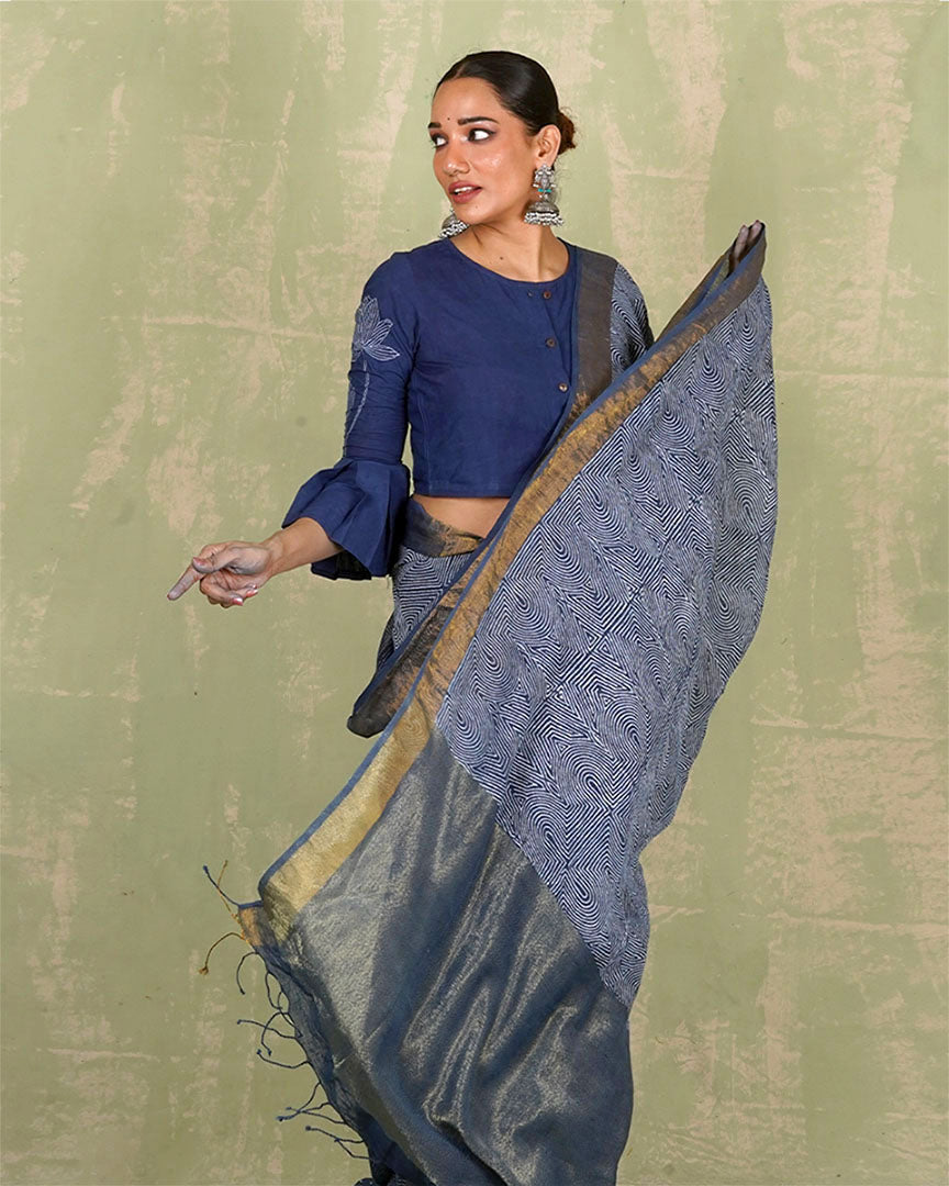Sanjh Tarini Blue Handblock Print Linen Saree - INDI