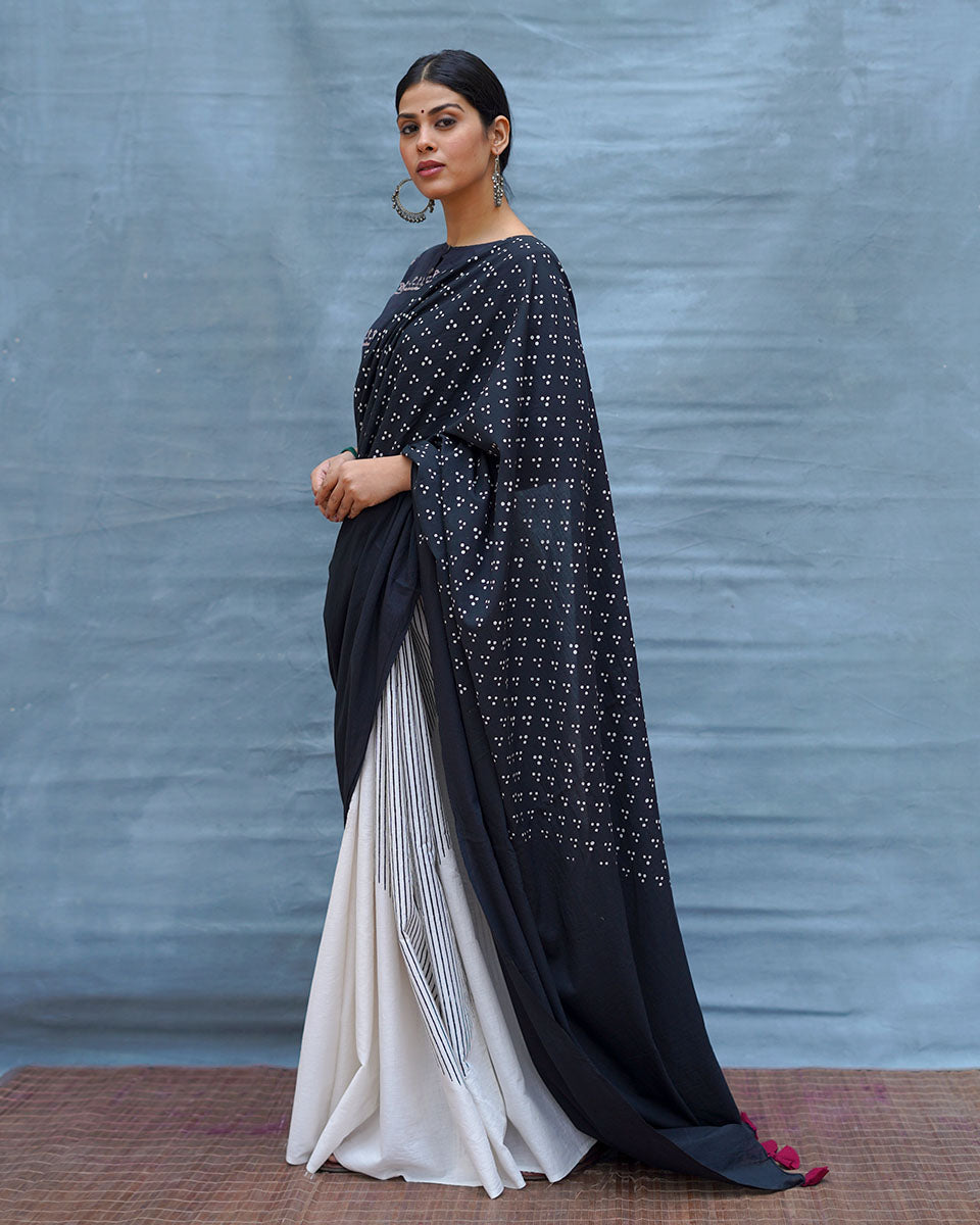 Monochrome Magic Black & White Handblock Print Cotton Saree - M&M