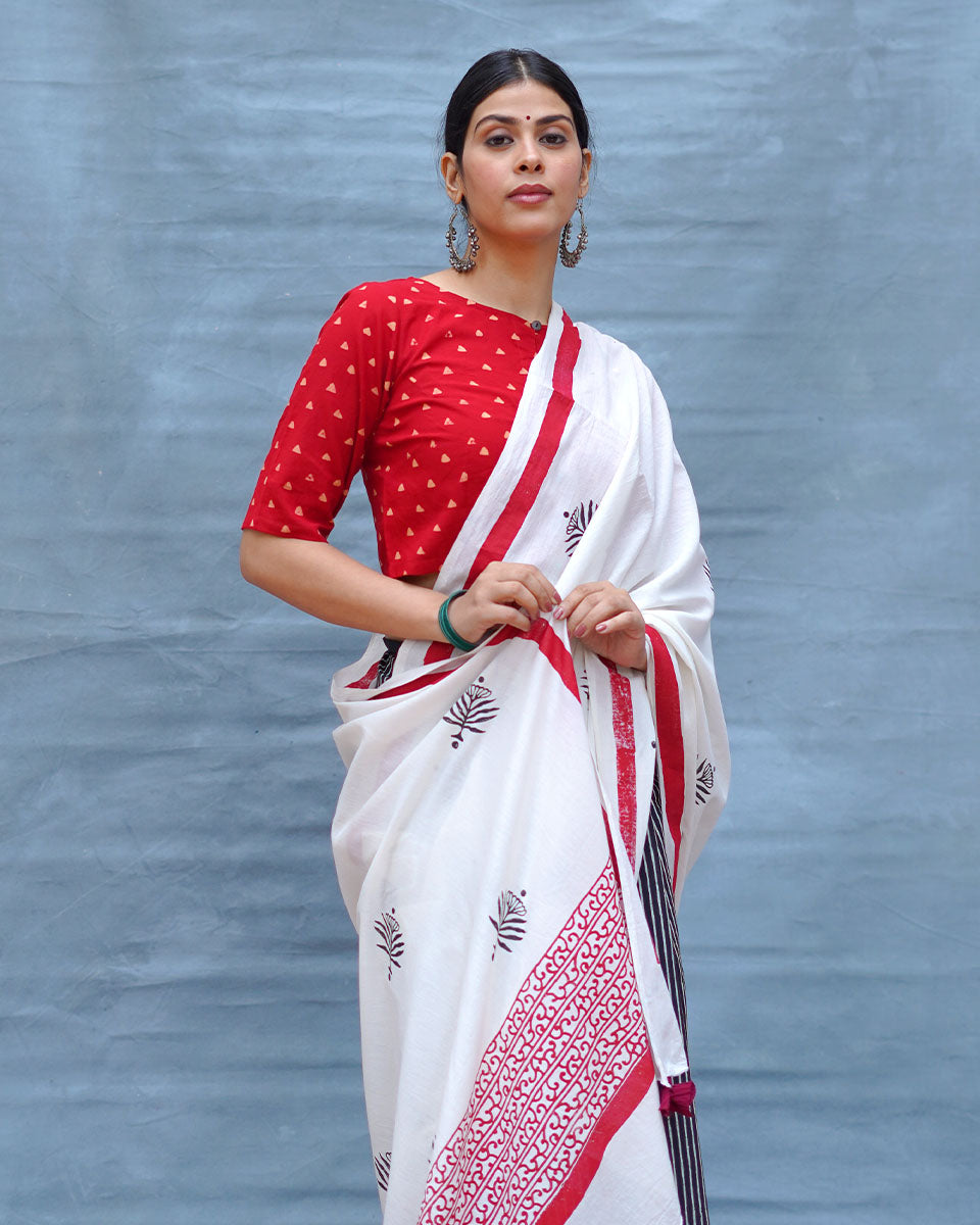 Moon & Mist Black & White Handblock Print Cotton Saree - M&M