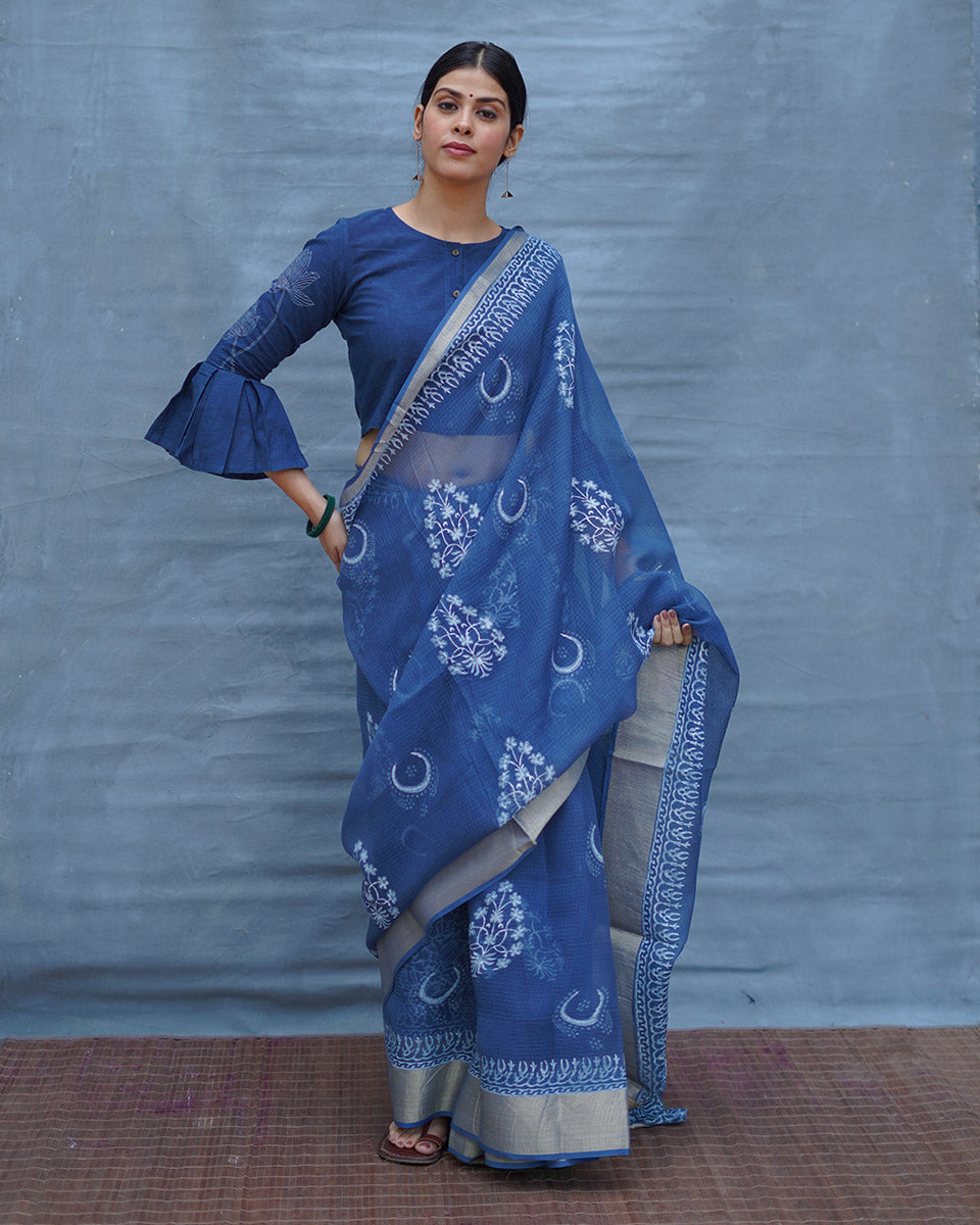 Moon water Blue Block Printed Kota Doria Saree - INDI