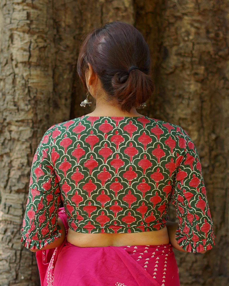 Nowhere To Be Green Hand Block Printed Cotton Blouse - UMT