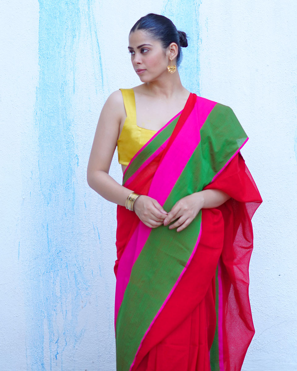 Eos Red With Green Handwoven Cotton Saree - NTC
