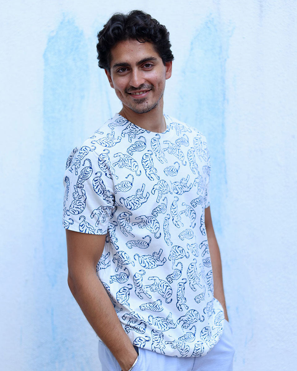 Farhad White Hand Block Print Cotton T- Shirt - TOF