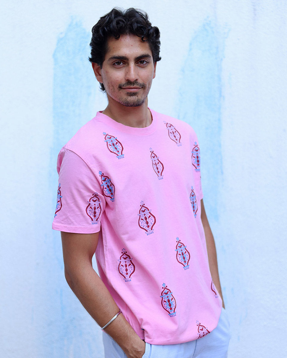 Mehboob Pink Hand Block Print Cotton T- Shirt - TOF