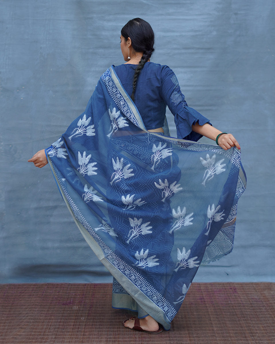 Midnight Sky Blue Block Printed Kota Doria Saree - INDI