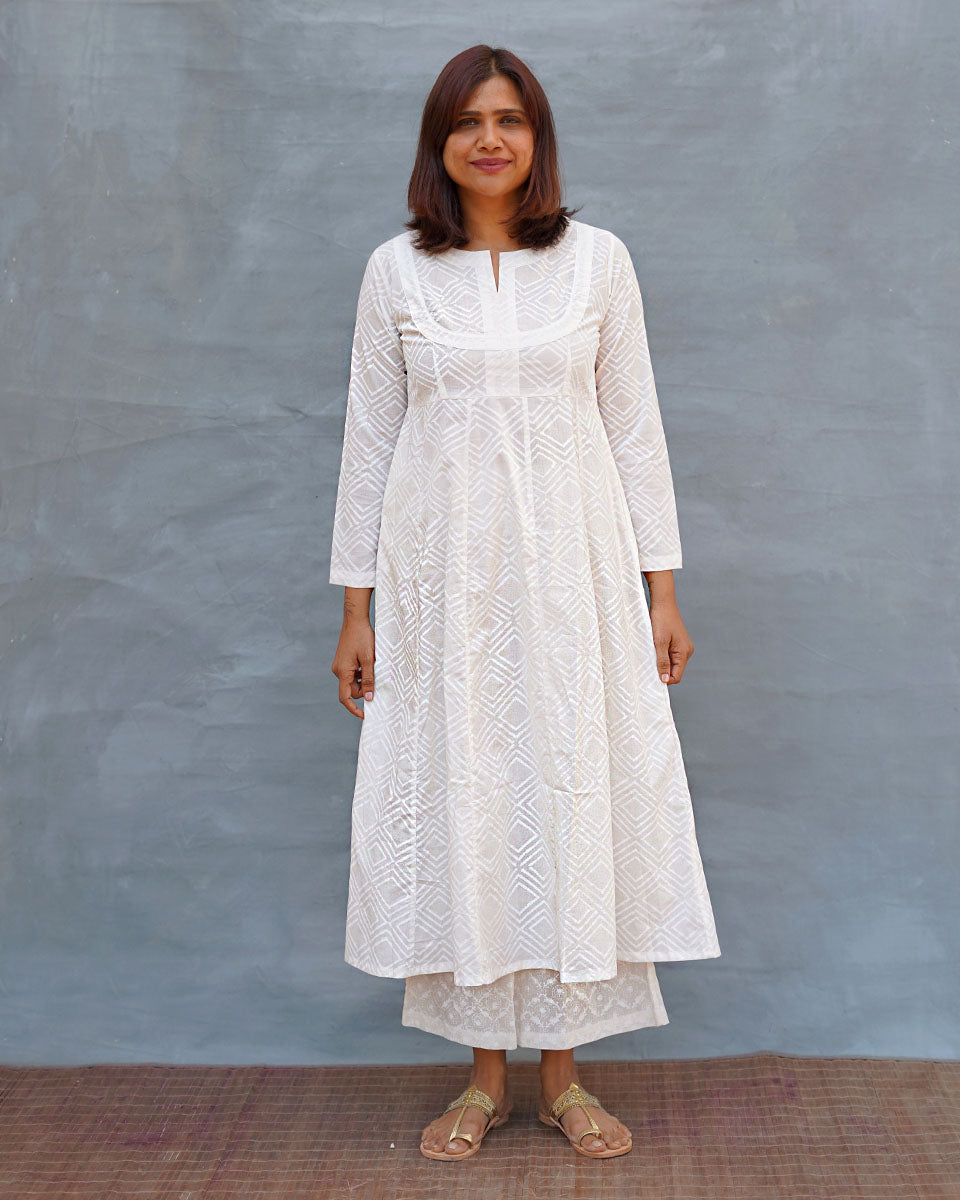 White Wave Handblock Print Cotton Kurta - Safed