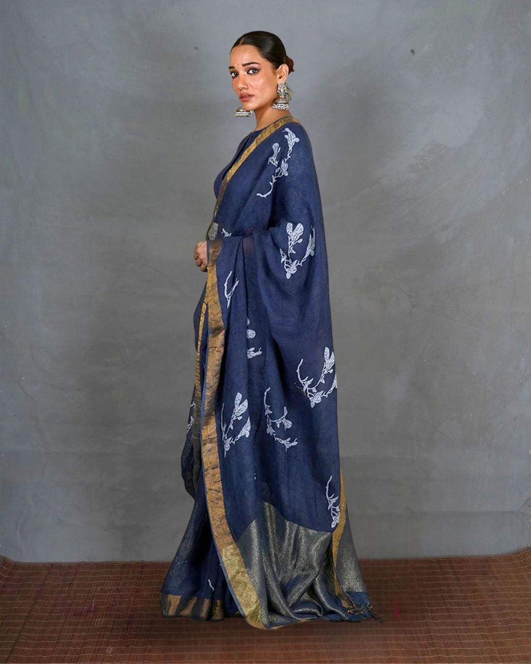 Purva Blue Handblock Print Linen Saree - INDI