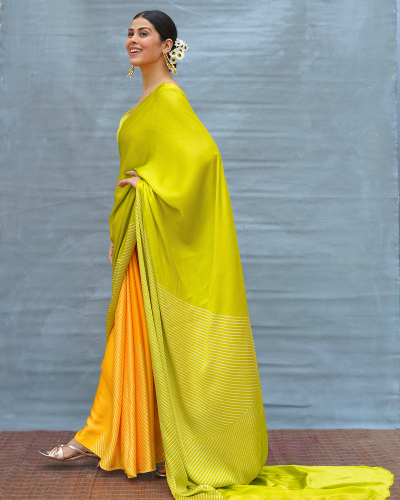 Quiet Wave Yellow Handblock Print Modal Silk Saree - Flow