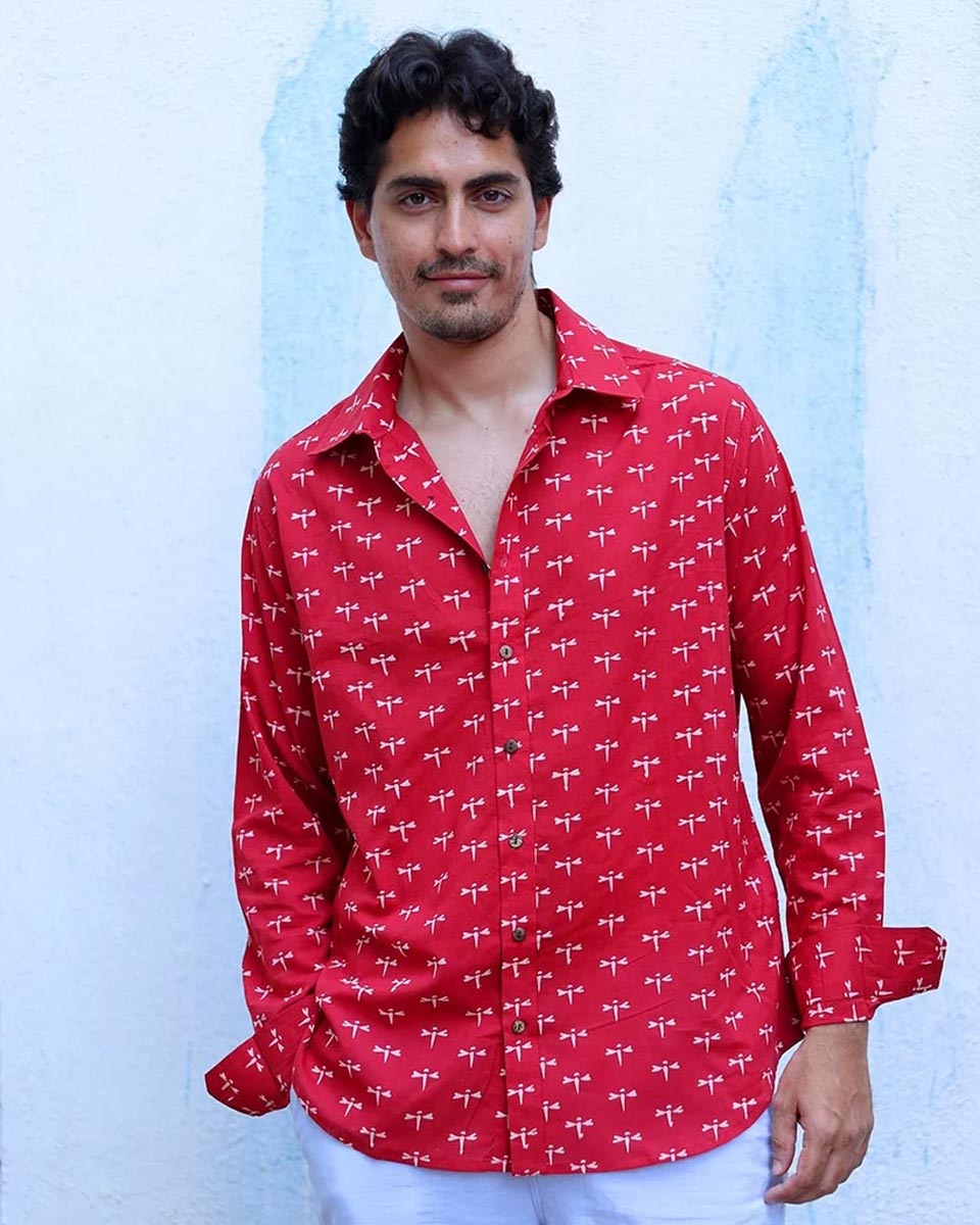 Shadan Red Hand Block Print Cotton Shirt -TOF