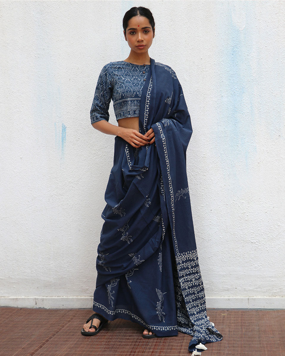 Autumn Nocturne Indigo Blue Handblock Printed Cotton Saree