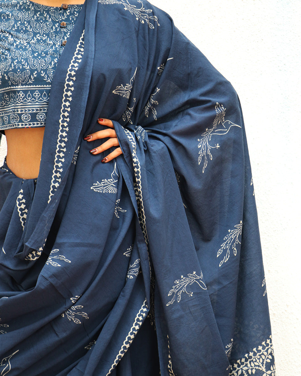 Autumn Nocturne Indigo Blue Handblock Printed Cotton Saree