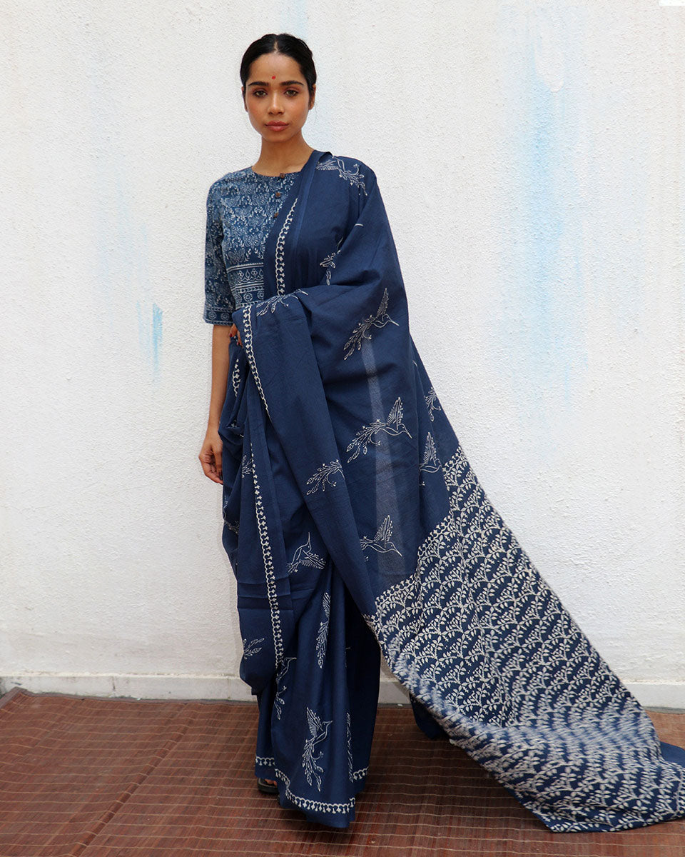 Autumn Nocturne Indigo Blue Handblock Printed Cotton Saree