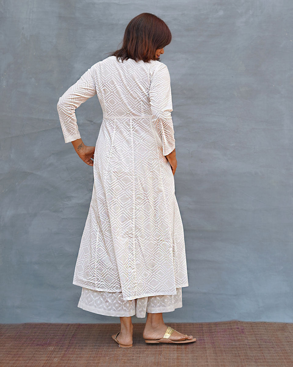 White Wave Handblock Print Cotton Kurta - Safed