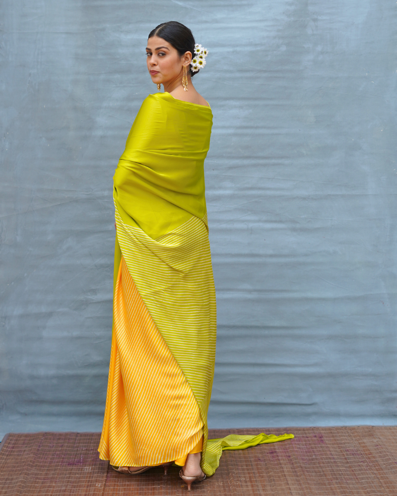 Quiet Wave Yellow Handblock Print Modal Silk Saree - Flow