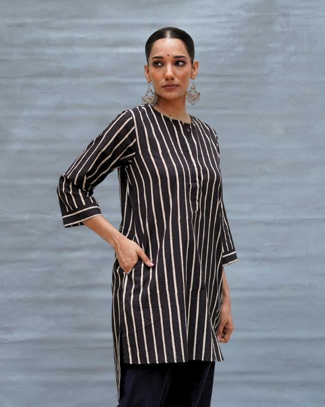 Flower Moon Black Handblock Print Cotton Kurta - MNCH