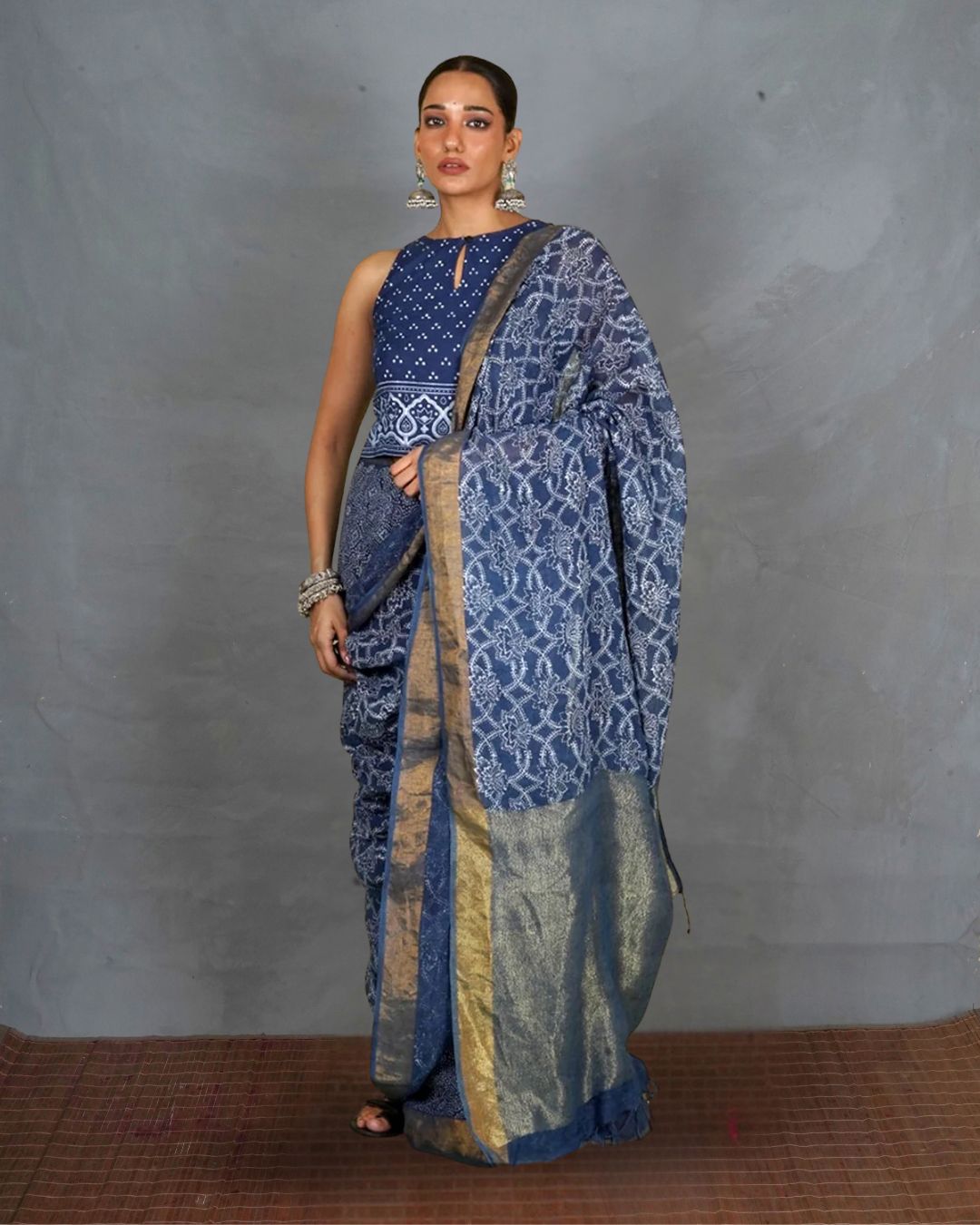 Malavi Blue Handblock Print Linen Saree - INDI