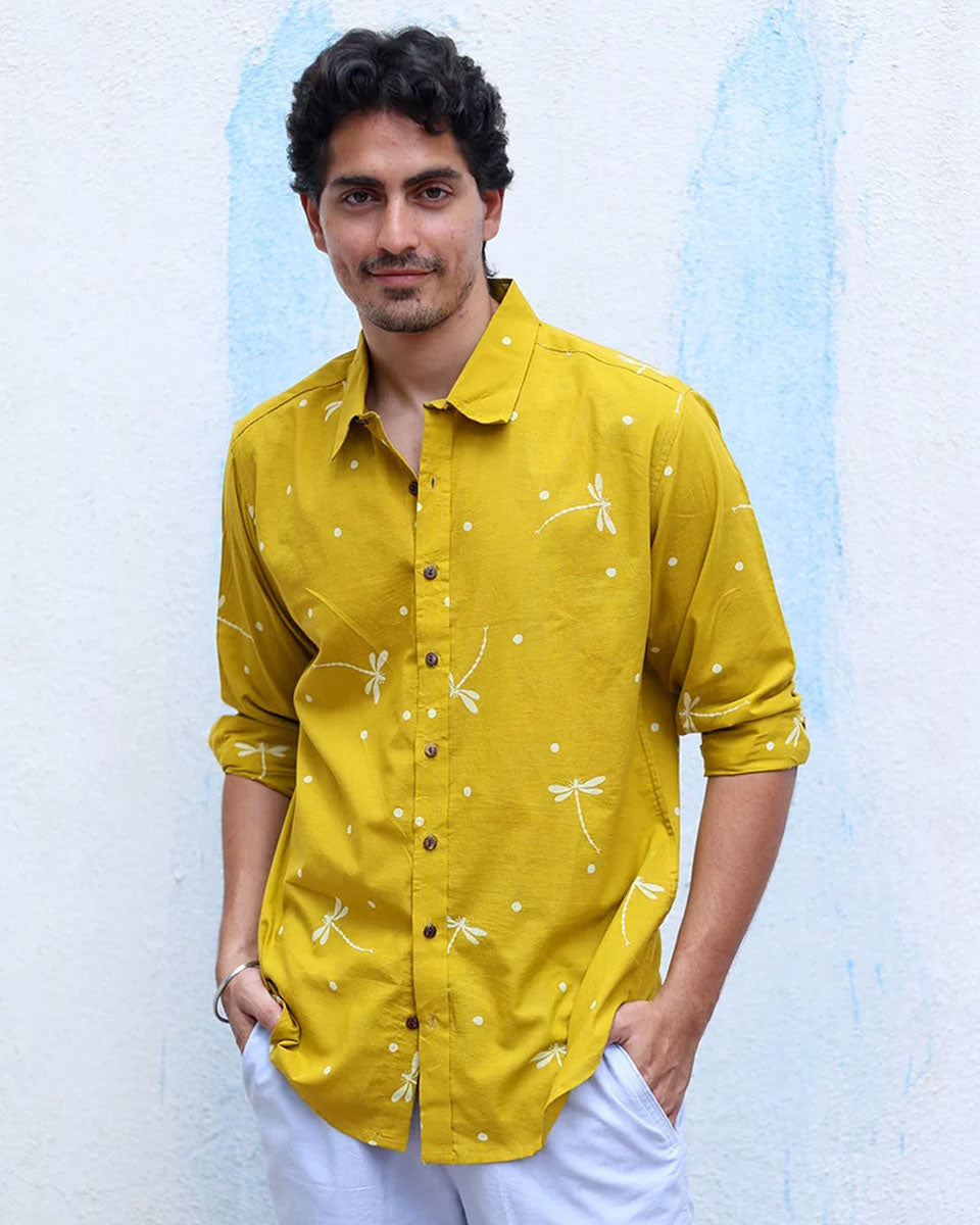 Barsaat Mustard Yellow  Hand Block Print Cotton T- Shirt - TOF