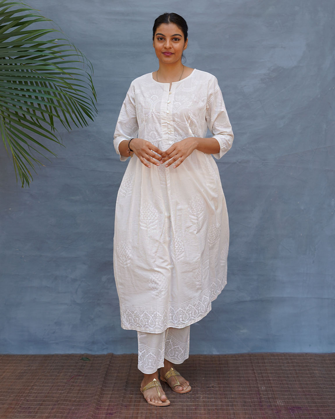 Pressed Cotton Ivory Handblock Printed Kurta Pant Set - SFD