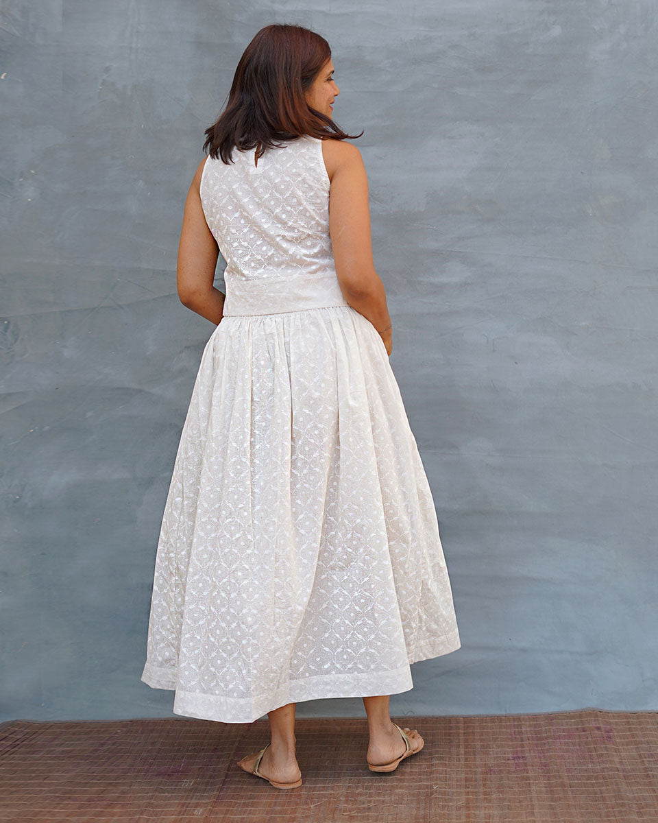 Summer Haze White Handblock Print Cotton Skirt - Safed