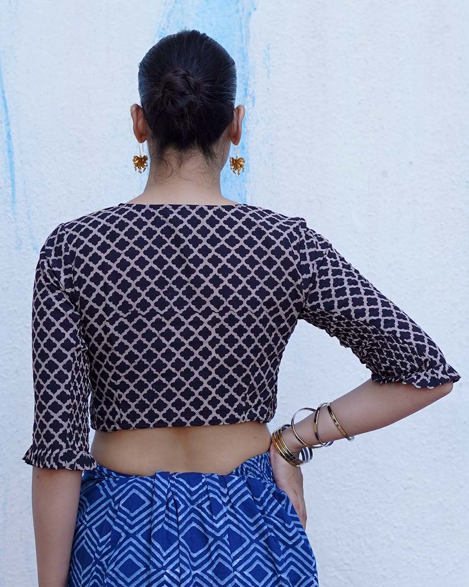 Melted ice lollies Black Hand Block Printed Cotton Blouse- UMT