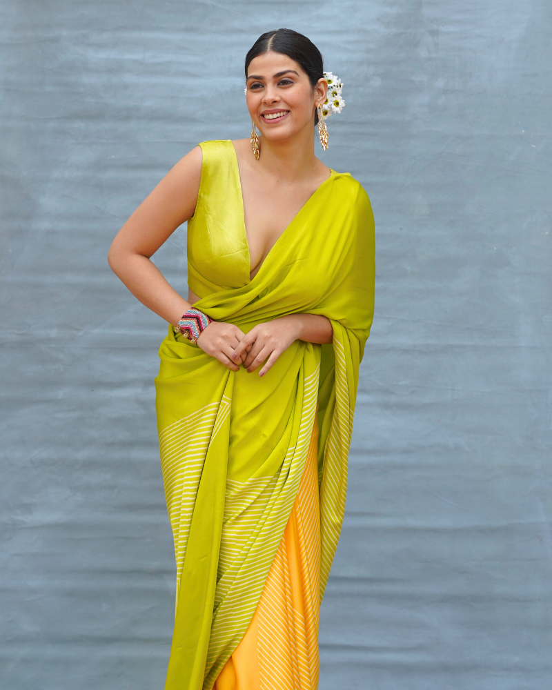 Quiet Wave Yellow Handblock Print Modal Silk Saree - Flow