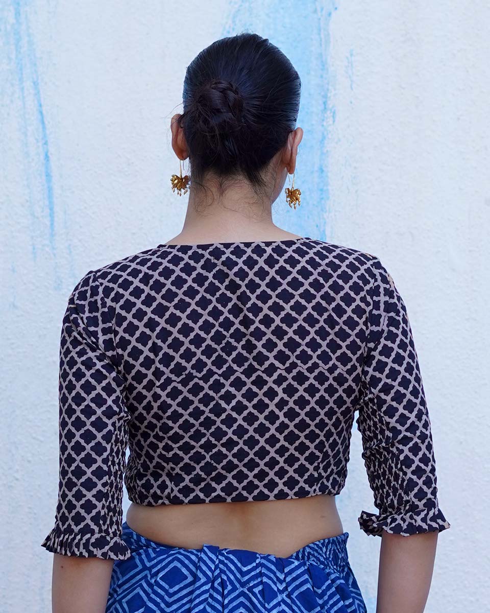 Melted ice lollies Black Hand Block Printed Cotton Blouse- UMT