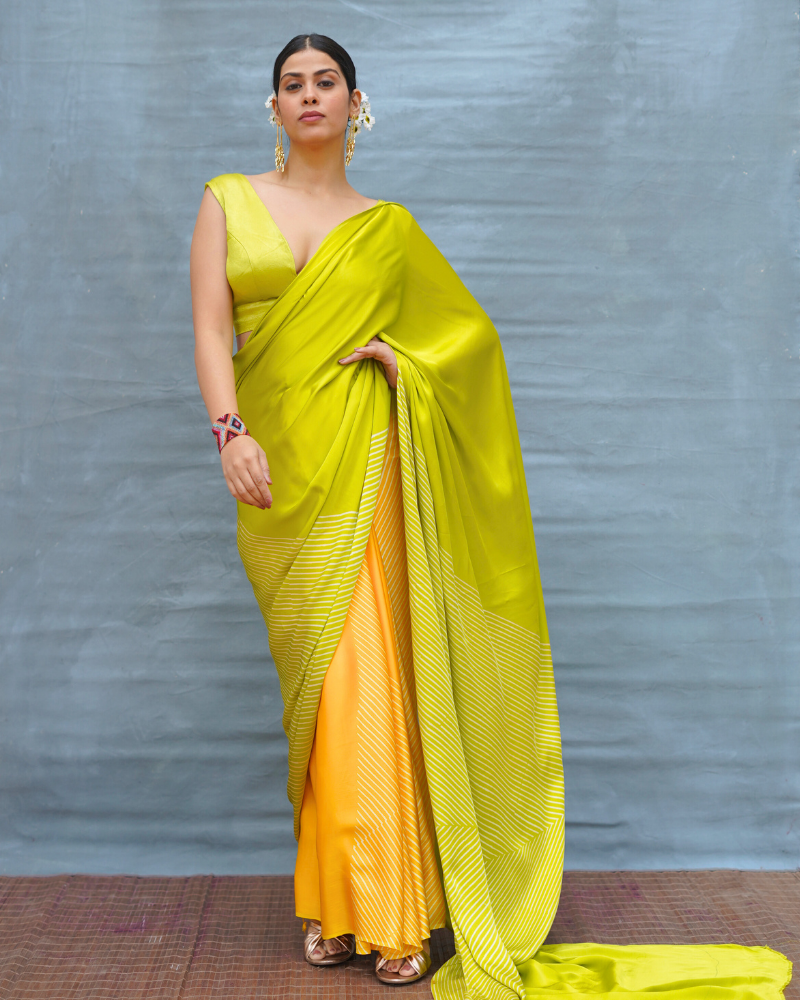 Quiet Wave Yellow Handblock Print Modal Silk Saree - Flow