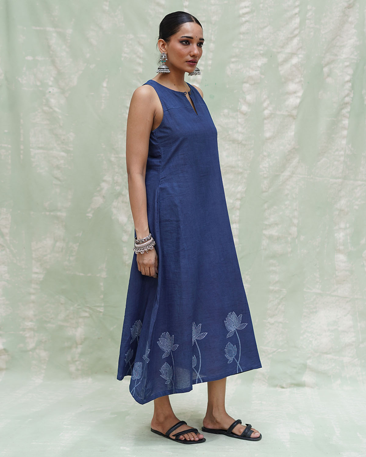 Asravi Blue Handblock Print Cotton Dress - INDI