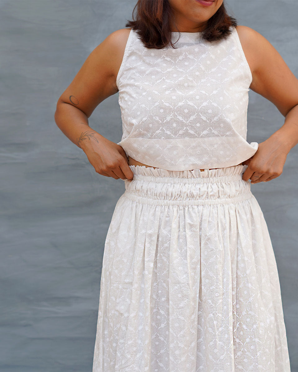 Moonflower White Handblock Print Cotton Top - Safed