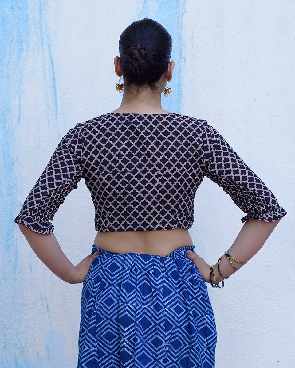 Melted ice lollies Black Hand Block Printed Cotton Blouse- UMT