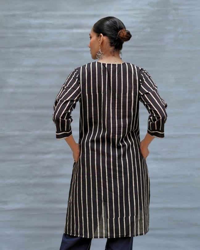 Flower Moon Black Handblock Print Cotton Kurta - MNCH