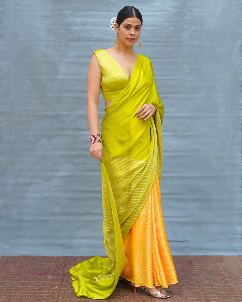 Quiet Wave Yellow Handblock Print Modal Silk Saree - Flow