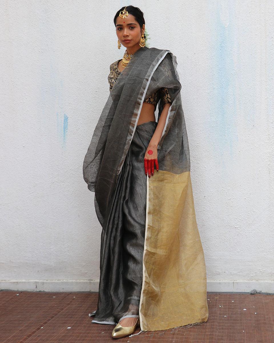 Charulata Handwoven Linen Zari Saree