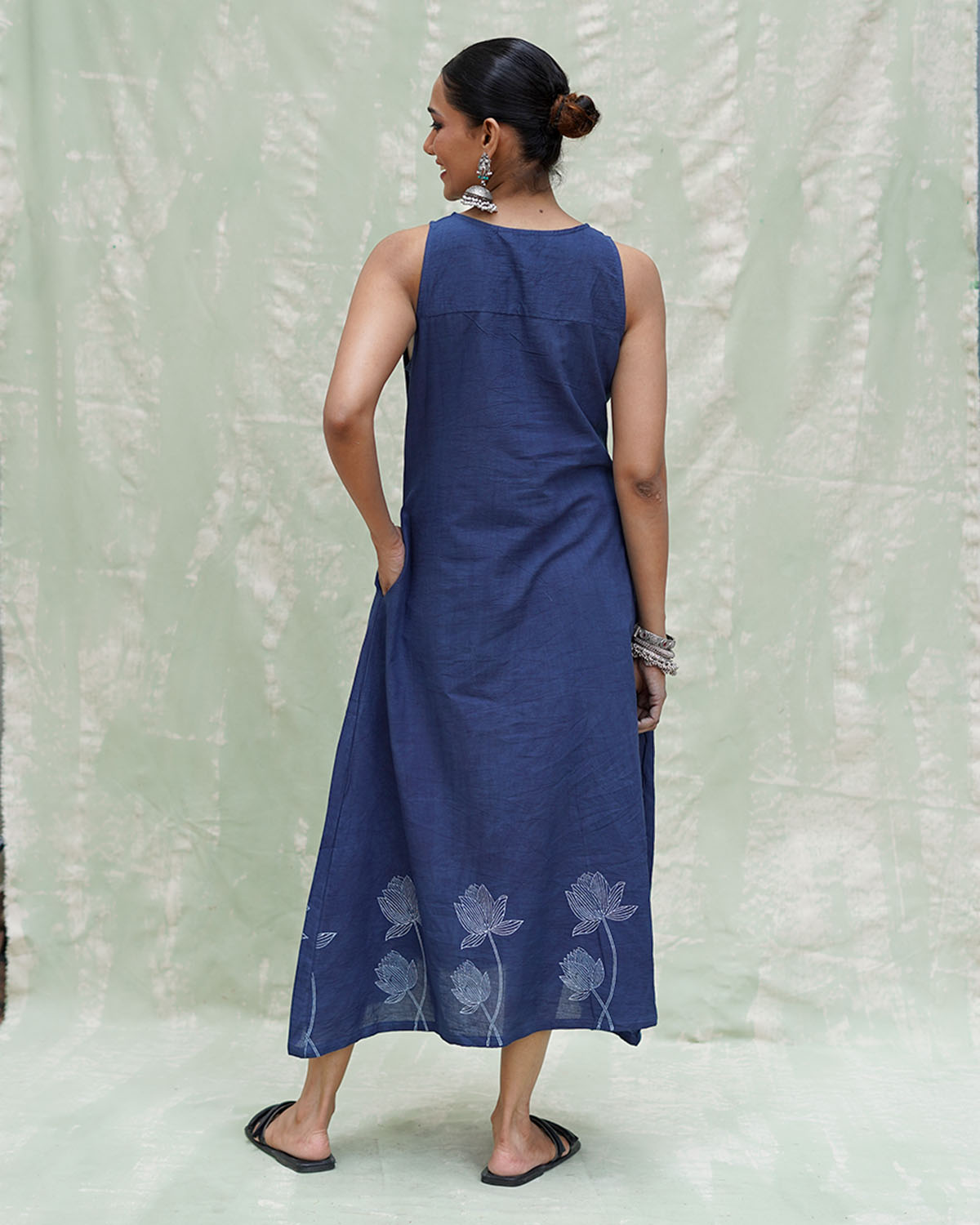 Asravi Blue Handblock Print Cotton Dress - INDI