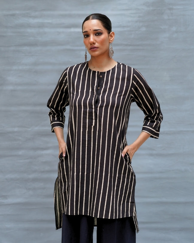 Flower Moon Black Handblock Print Cotton Kurta - MNCH