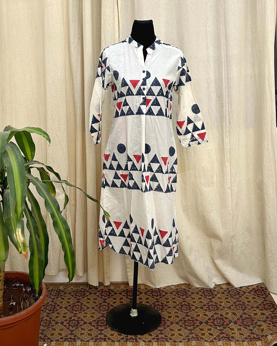 Aarika White Handblockprinted cotton kurti-LD